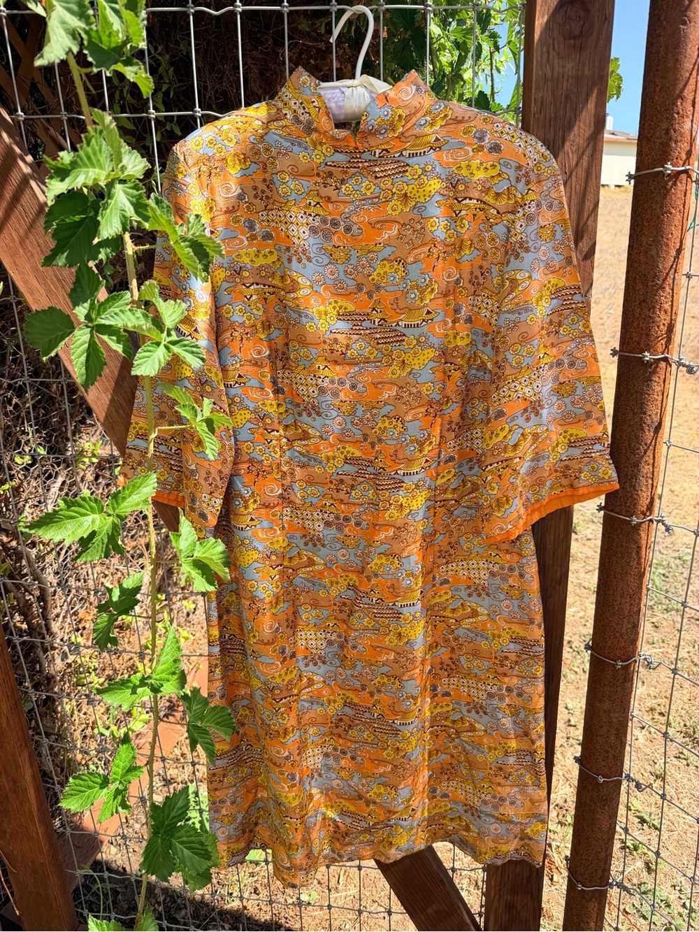 Vintage Silk Orange Floral Print Dress -
